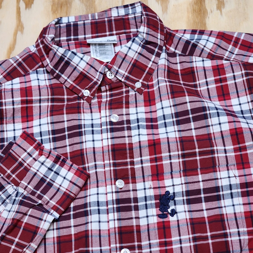 Disney Parks Official Mens Large Embroidered Mickey Mouse Button‎ Down Red Plaid